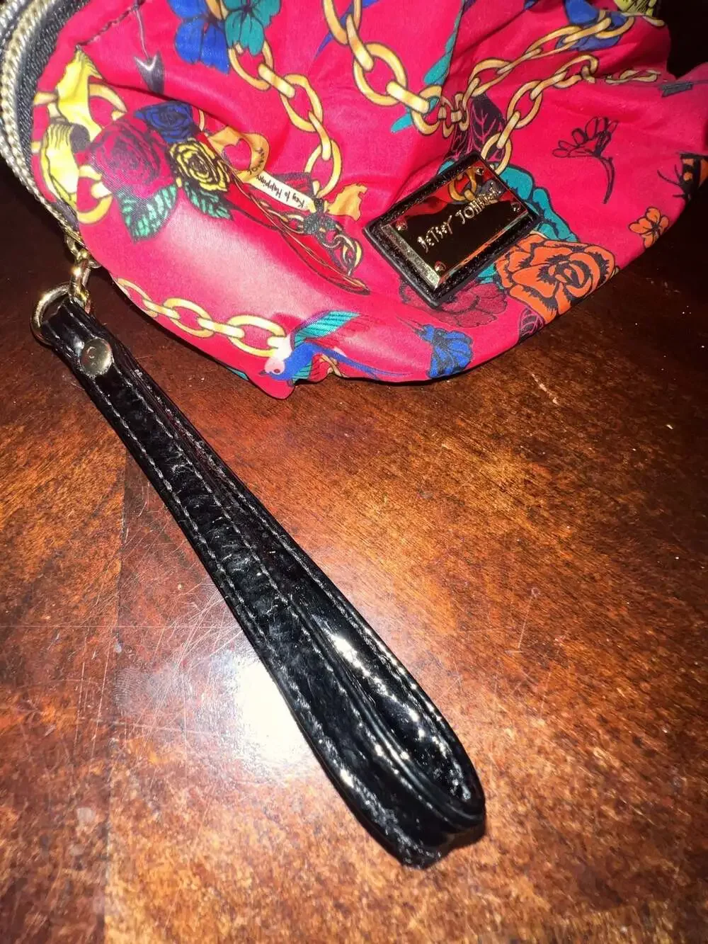 Betsey Johnson Red Floral Chain Tattoo Print Cosmetic Bag Wristlet
